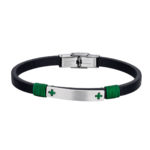 Pulsera de acero y cuero negro liso y chapa con cruces e hilo verde anudado