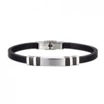 Pulsera de caballero acero cuero negro plano con chapa