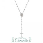 Collar de plata rodiado tipo rosario con Milagrosa de 12 mm y cruz de 14 x 9 mm circonitas