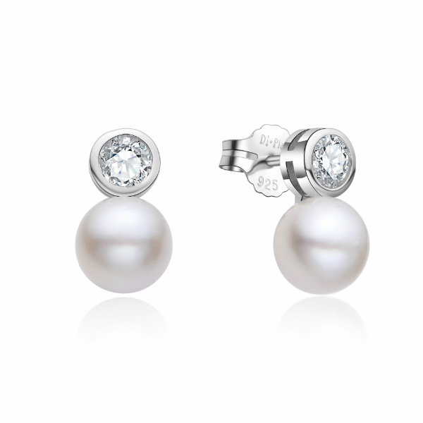 Pendiente de plata con perla 8,94mm  y chaton con zirconita cierre presión