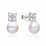 Pendiente de plata con perla 8mm y cuatro zirconitas con cierre presión