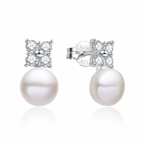 Pendiente de plata con perla 8mm y cuatro zirconitas con cierre presión