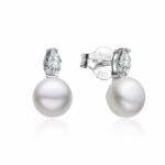 Pendiente de plata con perla 9mm  y zirconita ovalada con cierre presión