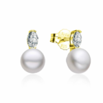 Pendiente de plata chapada con perla 9mm  y zirconnita ovalada con cierre presión