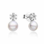 Pendiente de plata con perla 8,8mm  y zirconita con cierre presión
