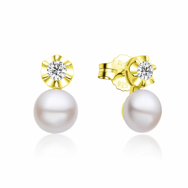 Pendiente de plata chapada con perla 8,8mm  y zirconita con cierre presión