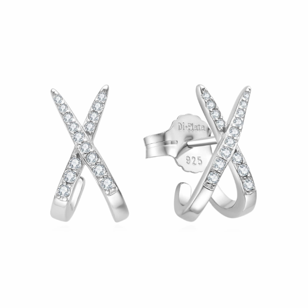 Pendiente de plata con forma de X con zirconitas y cierre presión