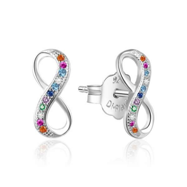 Pendiente de plata con infinito y zirconitas de colores cierre presión