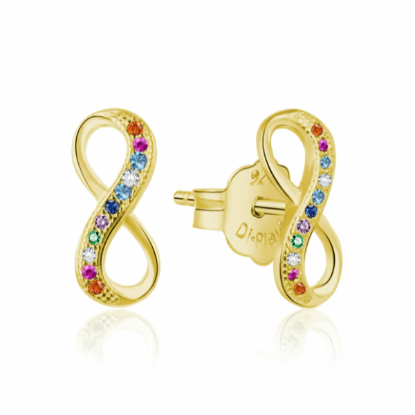 Pendiente de plata chapada con infinito y zirconitas de colores cierre presión