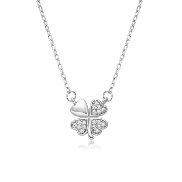 Gargantilla de plata rodiada con trebol de corazones con zirconitas y brillo
