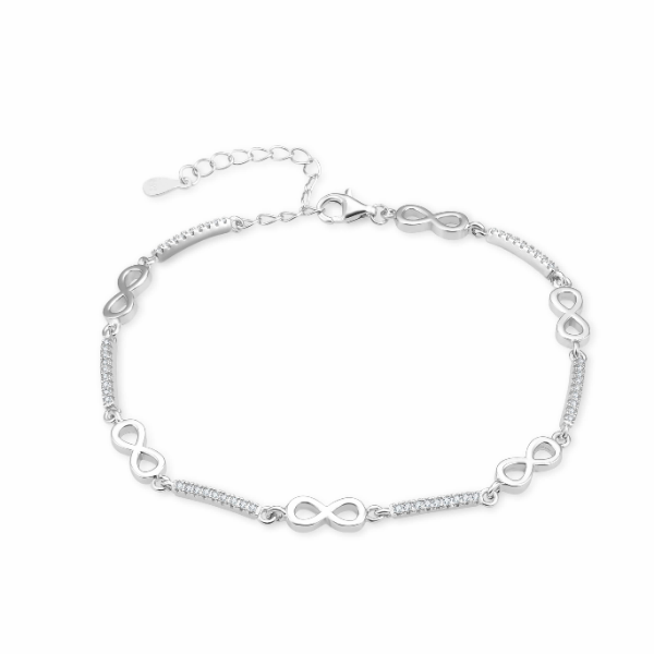 Pulsera plata con 6 infinitos itercalados con zirconnitas cierre mosquetón