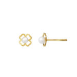 Pendiente de oro 18k trebol calado con perla