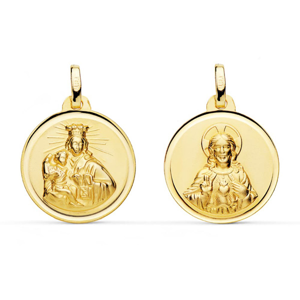 Medalla escapulario de oro 18k Virgen del Carmen y Corazon de Jesus bisel 18 mm