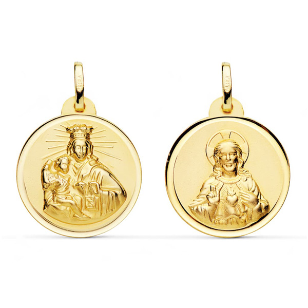 Medalla escapulario de oro 18k Virgen del Carmen y Corazon de Jesus bisel 22 mm