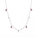 Collar de plata rodidado cadena bolitas con gotas rosa y chatones de circonita colgando