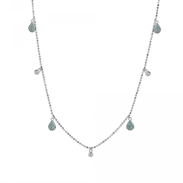 Collar de plata rodidado cadena bolitas con gotas verde y chatones de circonita colgando