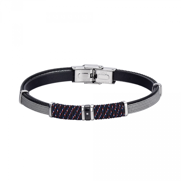 Pulsera de acero caballero cuero con malla y cordón azul