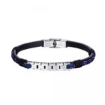 Pulsera de acero caballero cuero con cordón azul y motivo central cadena moto