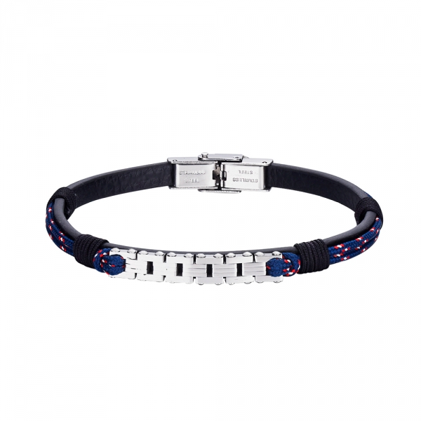 Pulsera de acero caballero cuero con cordón azul y motivo central cadena moto