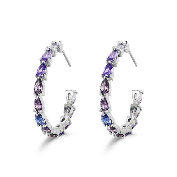 Pendiente de plata rodiado aro de 30 mm con gotas tonos morados cierre presión