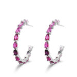 Pendiente de plata rodiado aro de 30 mm con gotas tonos rojos cierre presión